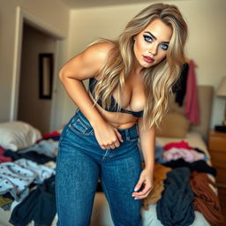 A full-length photograph of a beautiful and curvy young woman with very thick, long, messy dirty blond hair and striking crystal blue eyes