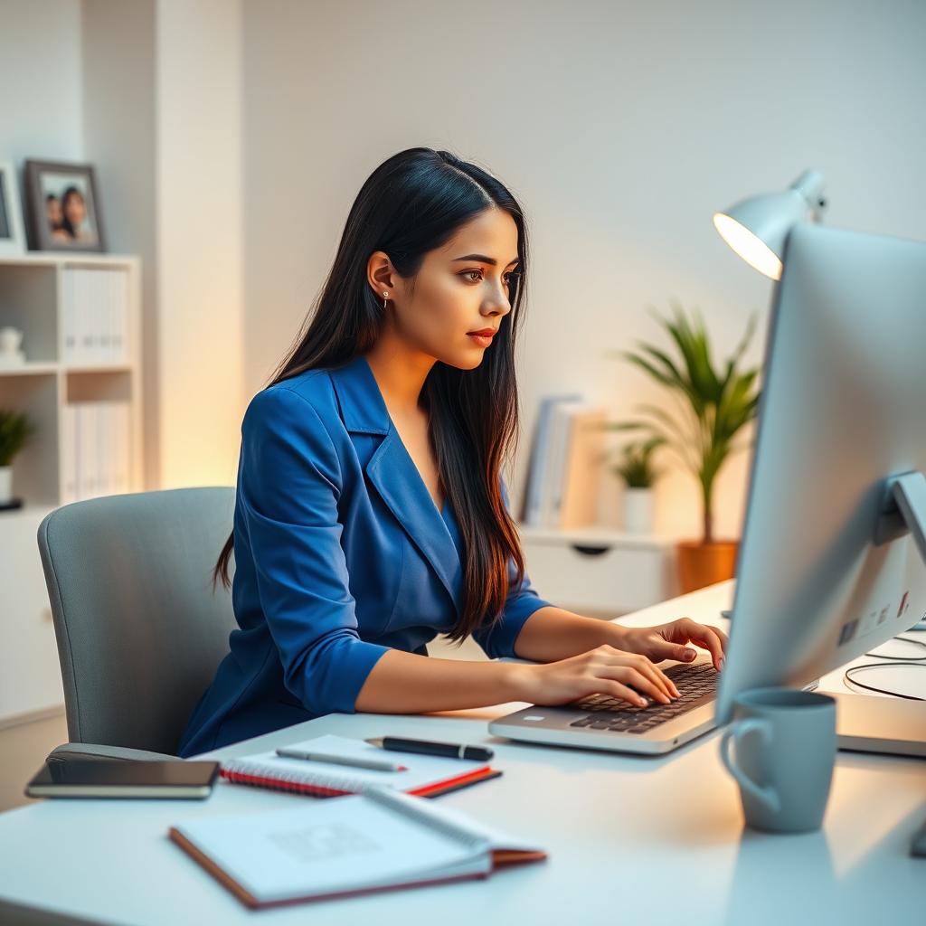 A young woman working intently on a computer, dressed in a stylish blue outfit