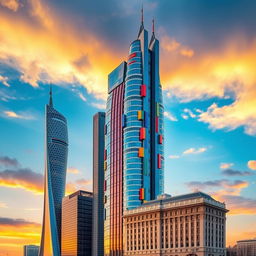 A striking collection of skyscrapers representing the architectural styles of Russia, Ukraine, and Belarus