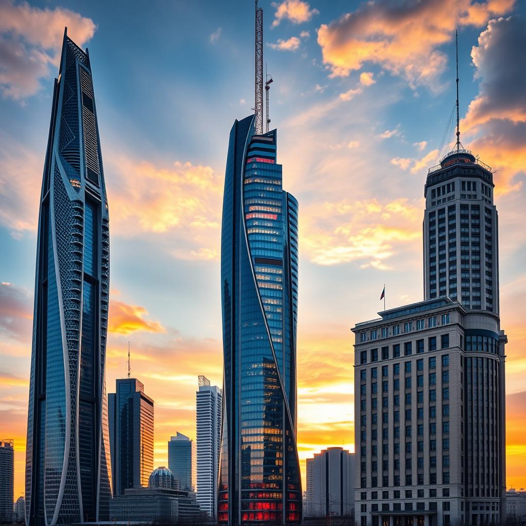 A striking collection of skyscrapers representing the architectural styles of Russia, Ukraine, and Belarus