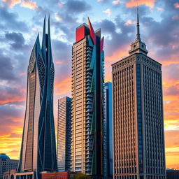 A striking collection of skyscrapers representing the architectural styles of Russia, Ukraine, and Belarus