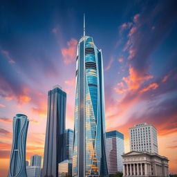 A striking collection of skyscrapers representing the architectural styles of Russia, Ukraine, and Belarus