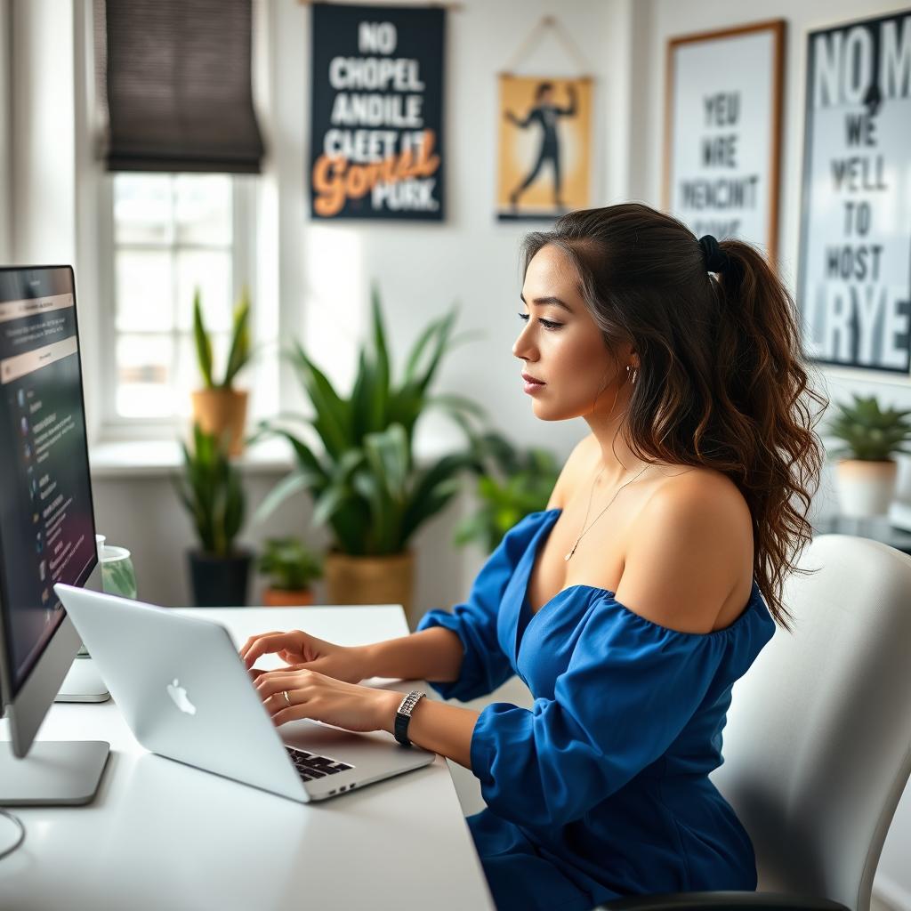 A young woman working on a computer, wearing a stylish blue outfit