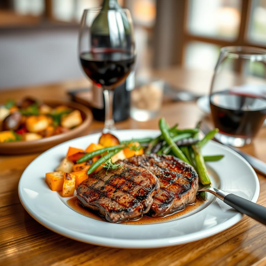 A close-up shot of a delicious gourmet meal on a beautiful wooden table, featuring a perfectly seared steak garnished with fresh herbs, accompanied by a colorful medley of roasted vegetables, and a glass of red wine elegantly placed beside the plate