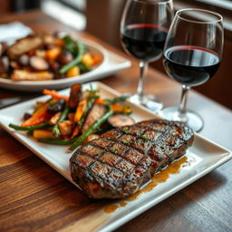 A close-up shot of a delicious gourmet meal on a beautiful wooden table, featuring a perfectly seared steak garnished with fresh herbs, accompanied by a colorful medley of roasted vegetables, and a glass of red wine elegantly placed beside the plate