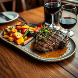 A close-up shot of a delicious gourmet meal on a beautiful wooden table, featuring a perfectly seared steak garnished with fresh herbs, accompanied by a colorful medley of roasted vegetables, and a glass of red wine elegantly placed beside the plate