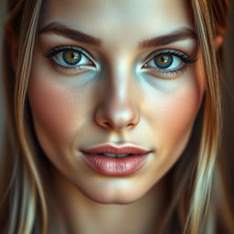 A close-up portrait of a woman with beautiful, flawless skin and a perfectly symmetrical face