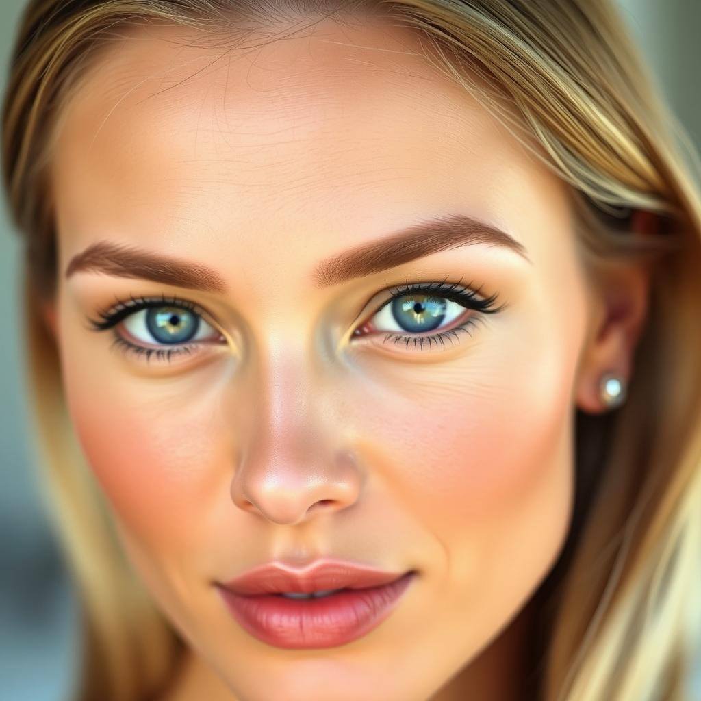 A close-up portrait of a woman with beautiful, flawless skin and a perfectly symmetrical face