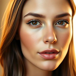 A close-up portrait of a woman with beautiful, flawless skin and a perfectly symmetrical face