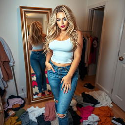 A full-length photograph of a stunning and curvy young woman with very thick, long, messy dirty blond hair and striking crystal blue eyes