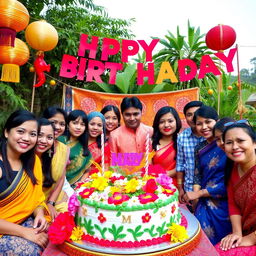 A festive scene celebrating a birthday in Southeast Asia, showcasing elements from Myanmar, Thailand, Laos, Cambodia, and Vietnam