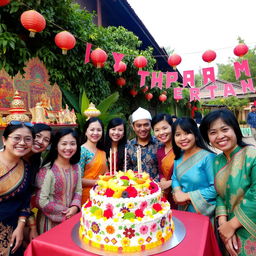 A festive scene celebrating a birthday in Southeast Asia, showcasing elements from Myanmar, Thailand, Laos, Cambodia, and Vietnam