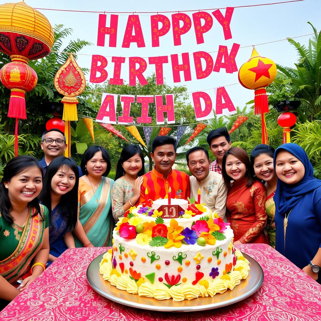 A festive scene celebrating a birthday in Southeast Asia, showcasing elements from Myanmar, Thailand, Laos, Cambodia, and Vietnam