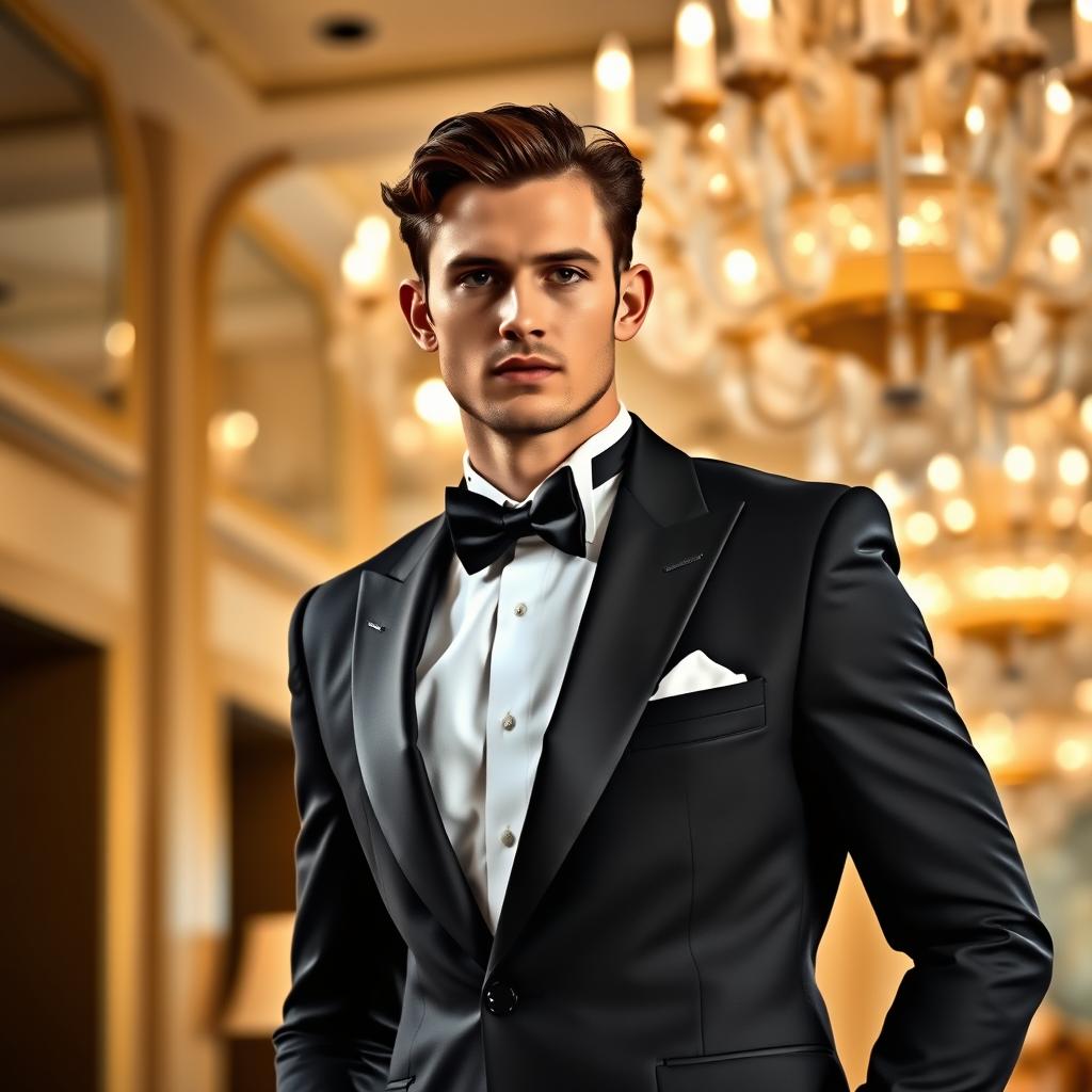 A stylish male model dressed in a formal suit, featuring a sleek tuxedo with a white dress shirt and a black bow tie