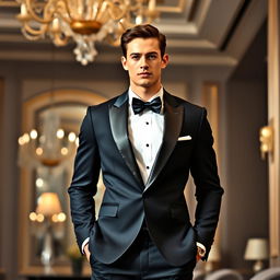 A stylish male model dressed in a formal suit, featuring a sleek tuxedo with a white dress shirt and a black bow tie