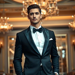 A stylish male model dressed in a formal suit, featuring a sleek tuxedo with a white dress shirt and a black bow tie