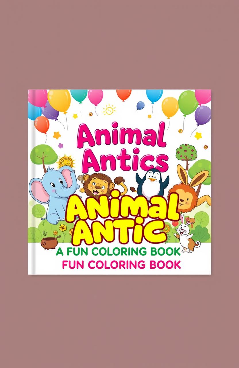 A vibrant and playful book cover designed for a children's coloring book titled 'Animal Antics: A Fun Coloring Book'
