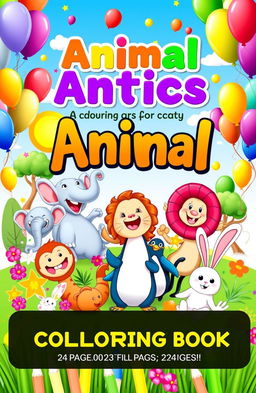 A vibrant and playful book cover designed for a children's coloring book titled 'Animal Antics: A Fun Coloring Book'