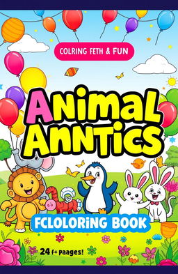 A vibrant and playful book cover designed for a children's coloring book titled 'Animal Antics: A Fun Coloring Book'