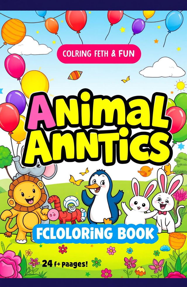 A vibrant and playful book cover designed for a children's coloring book titled 'Animal Antics: A Fun Coloring Book'