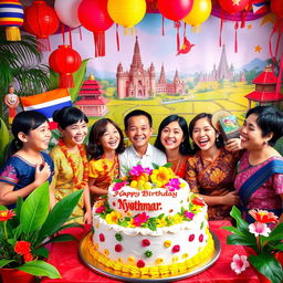 A joyful birthday celebration scene representing Myanmar, Thailand, Laos, Cambodia, and Vietnam