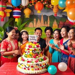 A joyful birthday celebration scene representing Myanmar, Thailand, Laos, Cambodia, and Vietnam