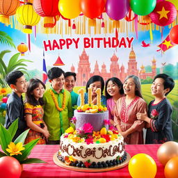 A joyful birthday celebration scene representing Myanmar, Thailand, Laos, Cambodia, and Vietnam