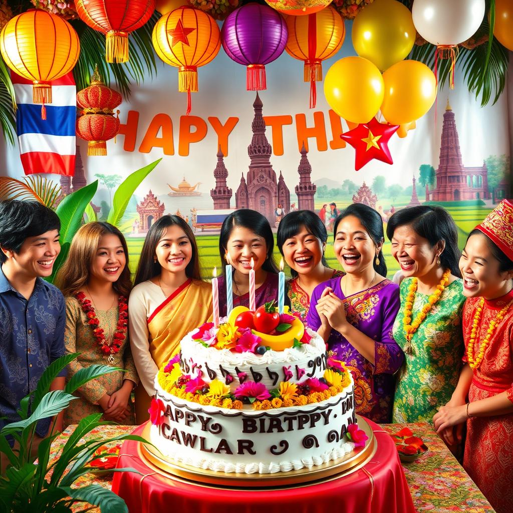 A joyful birthday celebration scene representing Myanmar, Thailand, Laos, Cambodia, and Vietnam