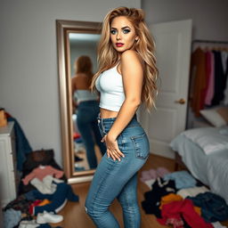 A full-length photograph of a stunning and curvy young woman with thick, long, messy dirty blond hair and captivating crystal blue eyes