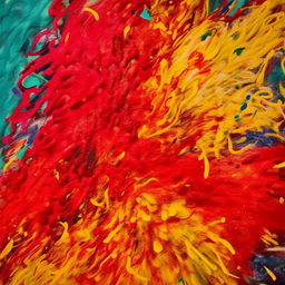 An abstract expressionist painting featuring a chaotic explosion of brilliant colors like fire-red, deep-ocean blue, and sunflower yellow on a large canvas.