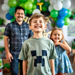 A joyful seven-year-old boy celebrating his birthday, themed around Minecraft