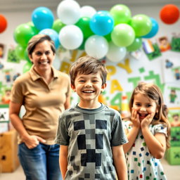 A joyful seven-year-old boy celebrating his birthday, themed around Minecraft