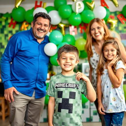 A joyful seven-year-old boy celebrating his birthday, themed around Minecraft