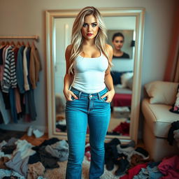 A full-length photograph of a beautiful and curvy young woman with very thick, long, messy dirty blond hair and striking crystal blue eyes