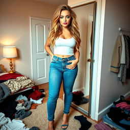 A full-length photograph of a beautiful and curvy young woman with very thick, long, messy dirty blond hair and striking crystal blue eyes