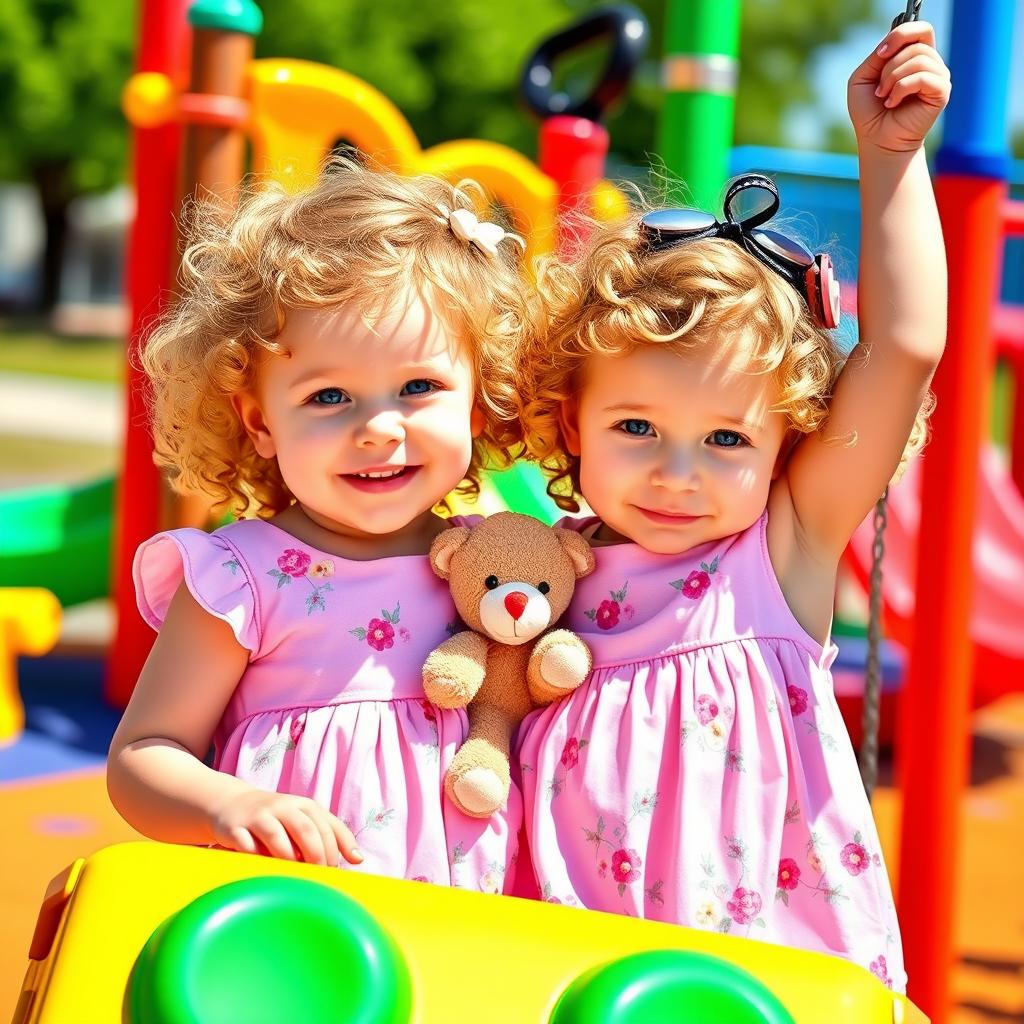 Two adorable three-year-old twin girls, both with curly golden hair and bright blue eyes, wearing matching pastel pink dresses adorned with floral patterns