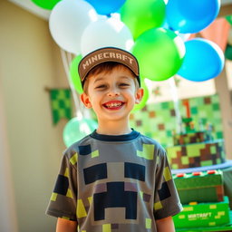 A joyful birthday celebration featuring a seven-year-old boy with a bright smile, surrounded by colorful Minecraft-themed decorations