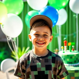 A joyful birthday celebration featuring a seven-year-old boy with a bright smile, surrounded by colorful Minecraft-themed decorations