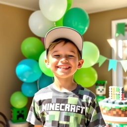A joyful birthday celebration featuring a seven-year-old boy with a bright smile, surrounded by colorful Minecraft-themed decorations