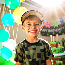 A joyful birthday celebration featuring a seven-year-old boy with a bright smile, surrounded by colorful Minecraft-themed decorations
