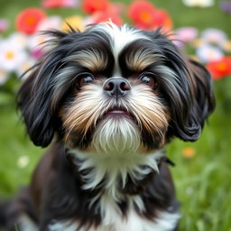A Shihtzu dog with a longer nose, exhibiting a striking black and white coloration, particularly focused on white eyebrows and a small patch of white on its head