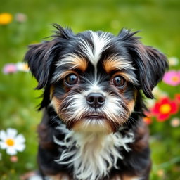 A Shihtzu dog with a longer nose, exhibiting a striking black and white coloration, particularly focused on white eyebrows and a small patch of white on its head
