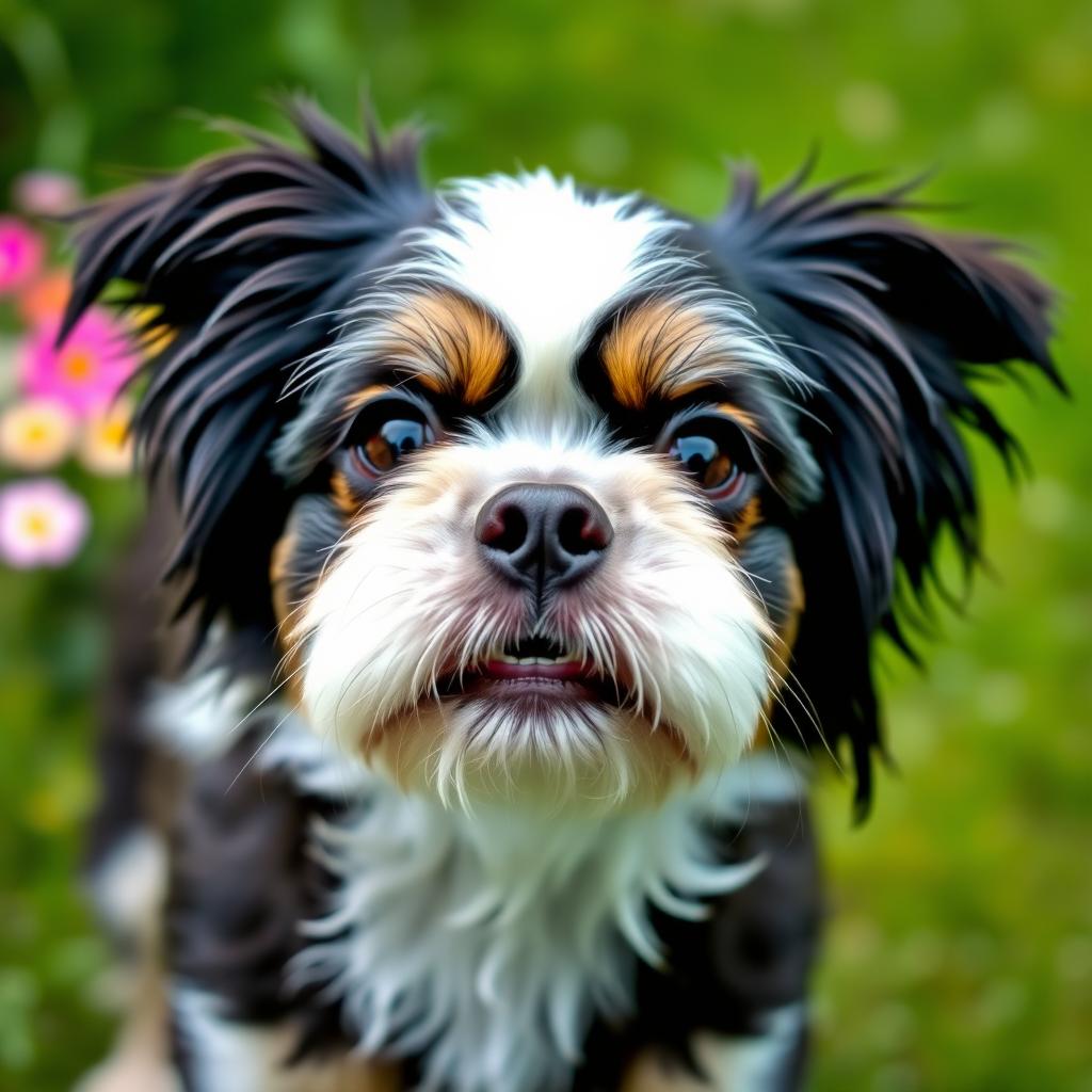 A Shihtzu dog with a longer nose, exhibiting a striking black and white coloration, particularly focused on white eyebrows and a small patch of white on its head