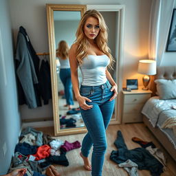 A full-length photograph of a captivating and curvy young woman with very thick, long, messy dirty blond hair and striking crystal blue eyes