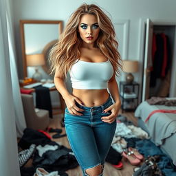 A full-length photograph of a captivating and curvy young woman with very thick, long, messy dirty blond hair and striking crystal blue eyes