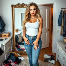 A full-length photograph of a beautiful and curvy young woman with thick, long, messy dirty blond hair and striking crystal blue eyes