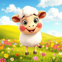 A cheerful cartoon sheep with fluffy white wool, big expressive eyes, and an adorable smile