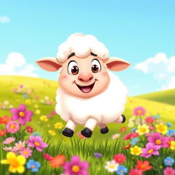 A cheerful cartoon sheep with fluffy white wool, big expressive eyes, and an adorable smile