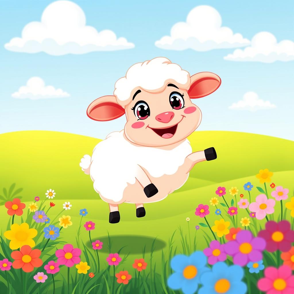 A cheerful cartoon sheep with fluffy white wool, big expressive eyes, and an adorable smile