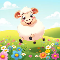 A cheerful cartoon sheep with fluffy white wool, big expressive eyes, and an adorable smile